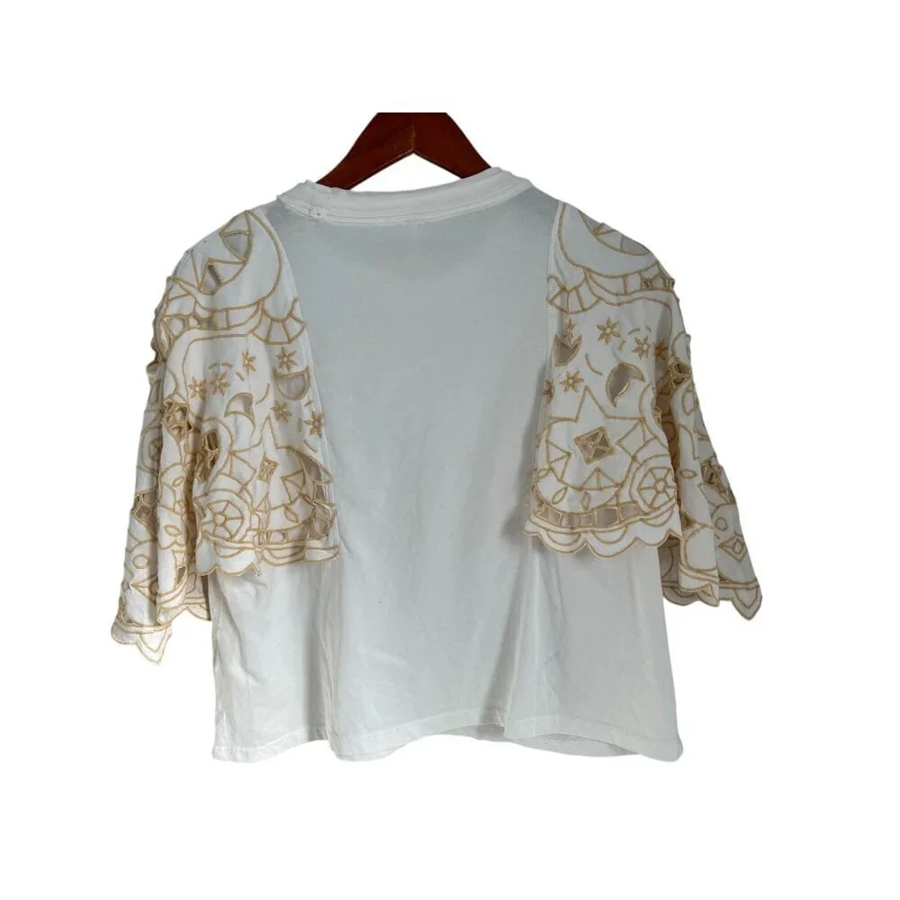 Free People Angel Embroidered Flutter Sleeve Cotton T-Shirt White - XS - Picture 7 of 12